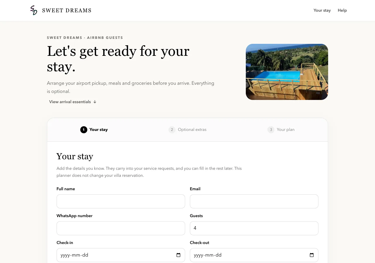 Actual Sweet Dreams stay planner: empty guest information fields and three stages for stay details, extras and the plan.